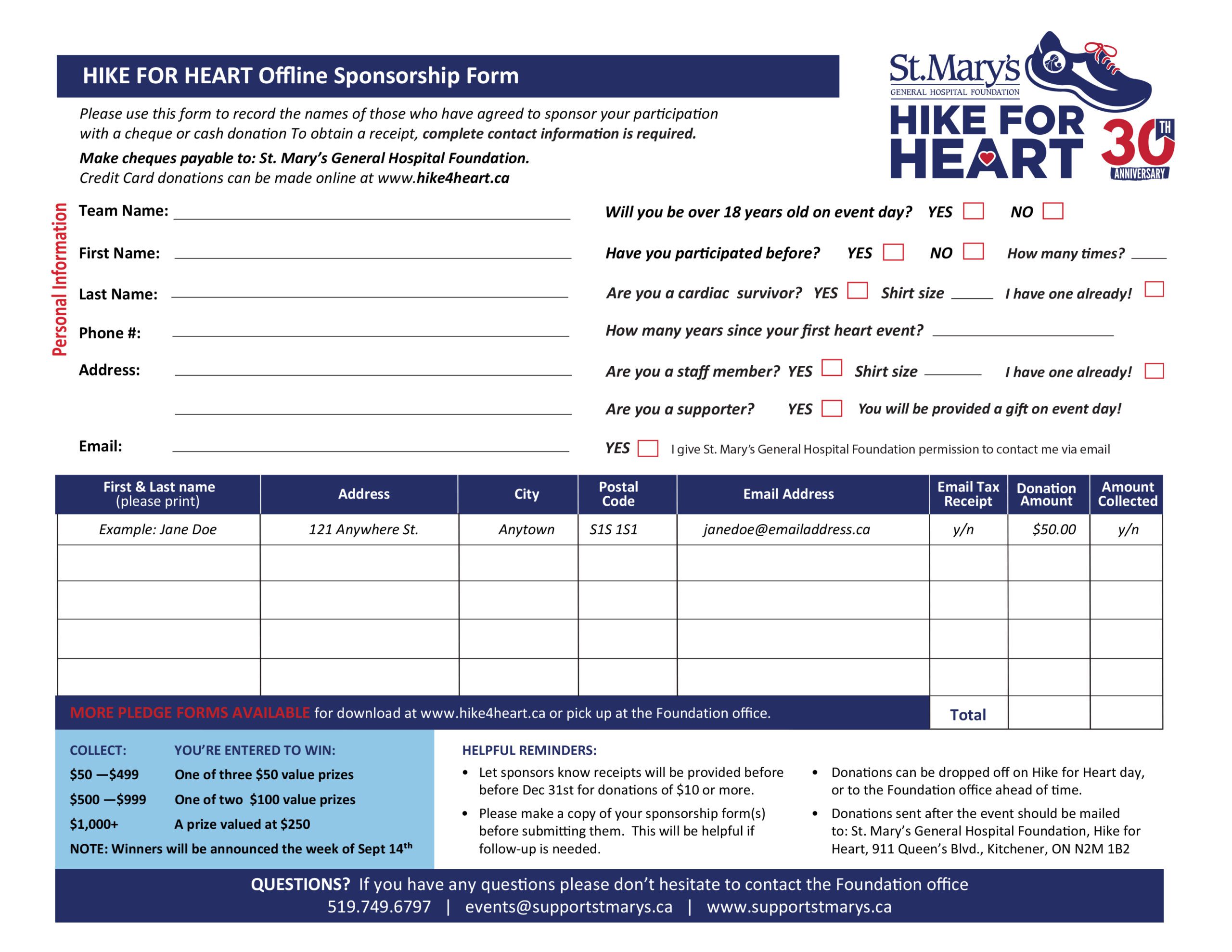 Hike for Heart - Offline Pledge Form